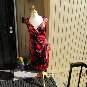 #497  NEW WOMAN'S SATIN FLORAL RED/BLACK DRESS BY DEBUT  (SIZE 12US / 16UK)